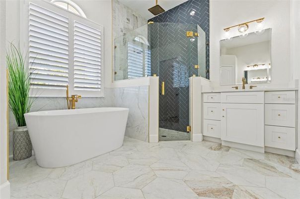 Bathroom, Free Standing Baths, Glass Shower, Interior, Marble, Marble Walls