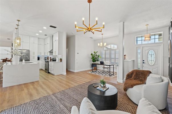 Dining room, Interior, Kitchen, Living room, Pendant Lights, Recessed Lighting, Wood Texture Flooring