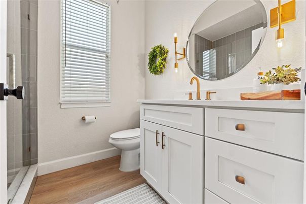 Bathroom, Glass Shower, Interior, Wood Texture Flooring
