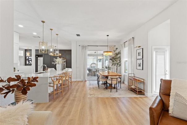 Dining room, Interior, Kitchen, Pendant Lights, Recessed Lighting, Wood Texture Flooring