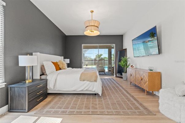 Bedroom, Interior, Pendant Lights, Wood Texture Flooring