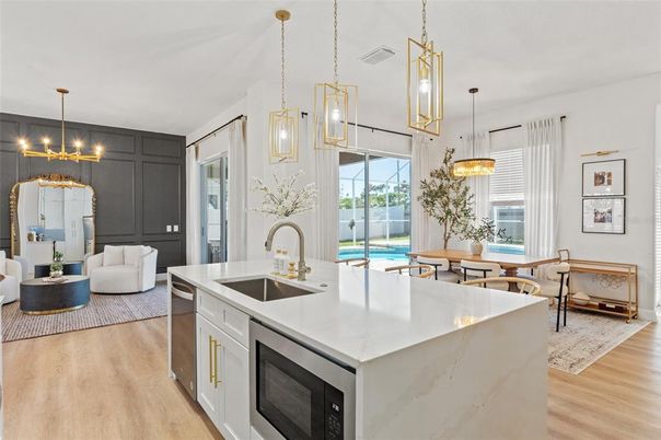 Dining room, Interior, Kitchen, Pendant Lights, Wood Texture Flooring