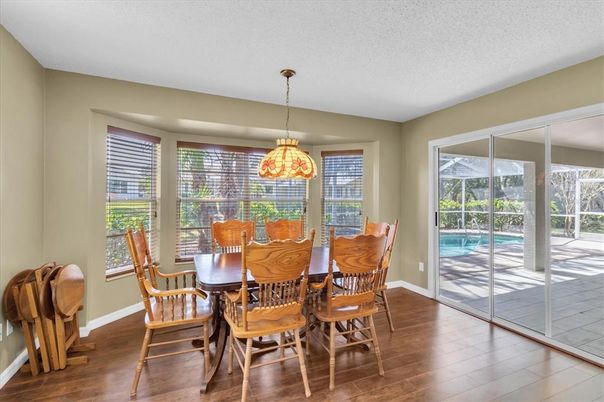 Dining room, Interior, Pendant Lights, Wood Texture Flooring