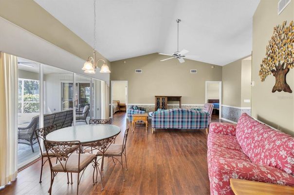 Bedroom, Dining room, Interior, Living room, Pendant Lights, Wood Texture Flooring