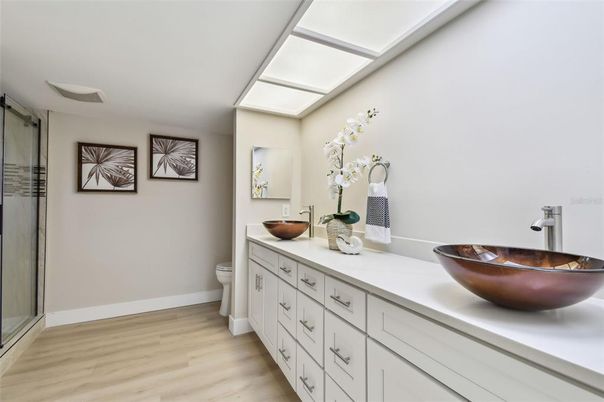 Bathroom, Dual Sink Vanities, Interior, Wood Texture Flooring