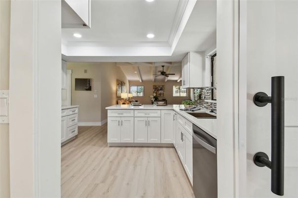 Interior, Kitchen, Recessed Lighting, Wood Texture Flooring