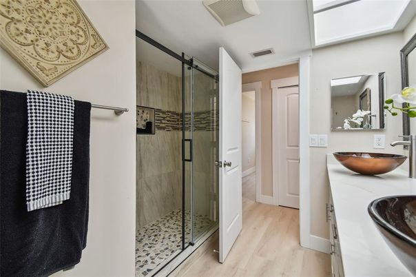Bathroom, Glass Shower, Interior, Wood Texture Flooring