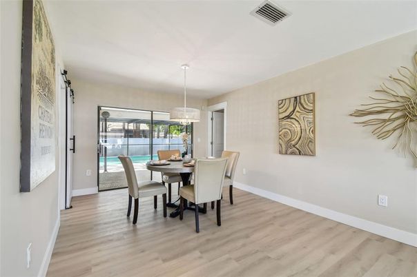 Dining room, Interior, Pendant Lights, Wood Texture Flooring