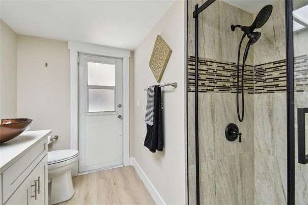 Bathroom, Glass Shower, Interior, Wood Texture Flooring
