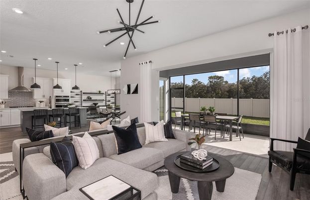 Dining room, Interior, Kitchen, Living room, Pendant Lights, Recessed Lighting, Stainless Steel Appliances, Wood Texture Flooring