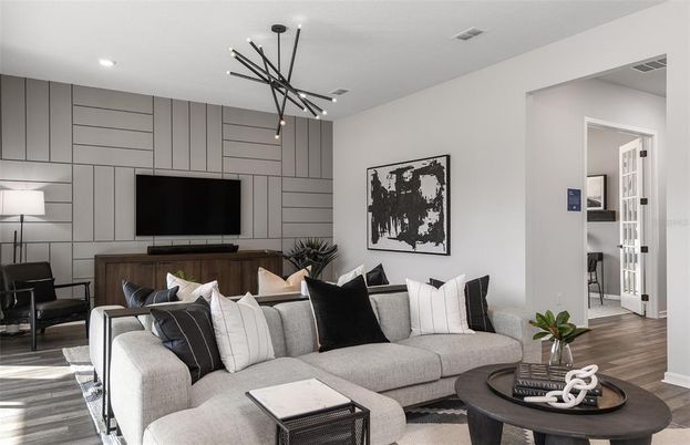 Interior, Living room, Pendant Lights, Recessed Lighting, Wood Texture Flooring