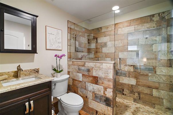 Bathroom, Glass Shower, Interior, Recessed Lighting, Stone Walls