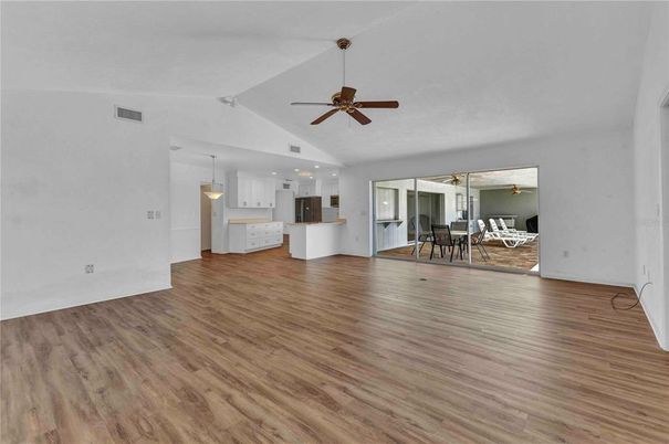 Dining room, Interior, Kitchen, Pendant Lights, Recessed Lighting, Wood Texture Flooring