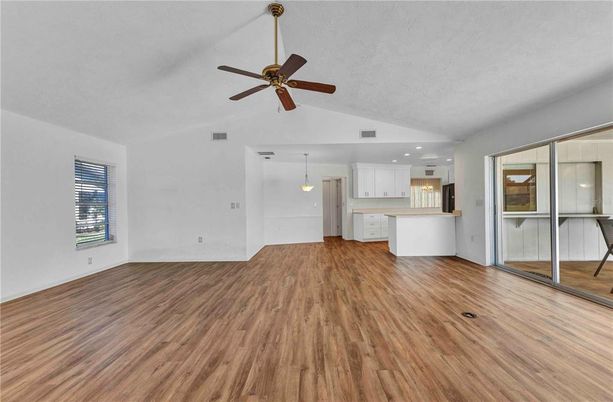 Empty room, Interior, Kitchen, Pendant Lights, Recessed Lighting, Wood Texture Flooring