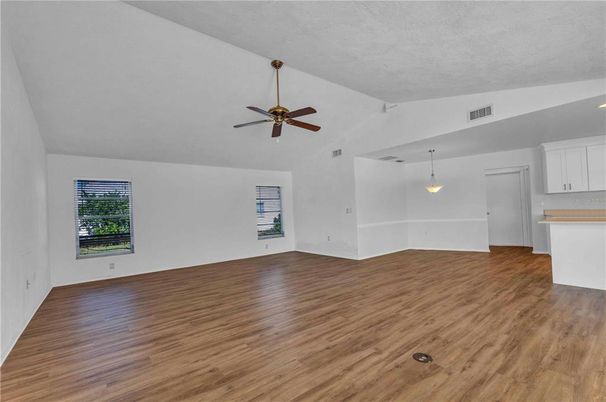 Empty room, Interior, Kitchen, Pendant Lights, Wood Texture Flooring