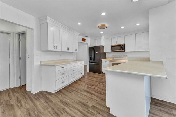 Interior, Kitchen, Recessed Lighting, Wood Texture Flooring