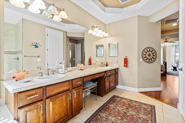 Bathroom, Dual Sink Vanities, Glass Shower, Interior, Wood Texture Flooring