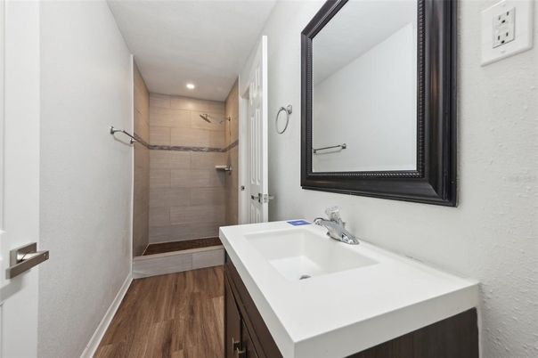 Bathroom, Interior, Recessed Lighting, Wood Texture Flooring