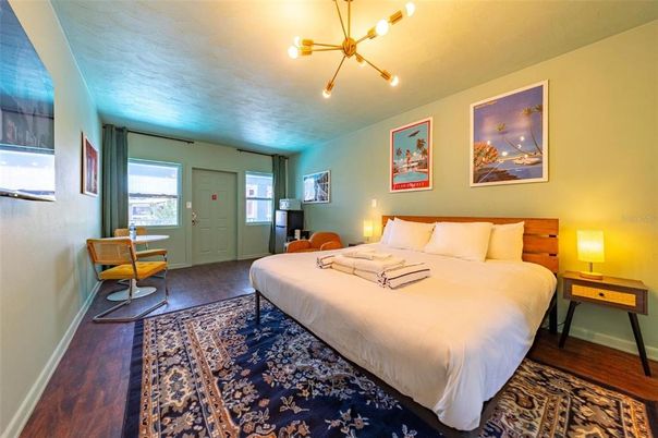 Bedroom, Interior, Pendant Lights, Wood Texture Flooring
