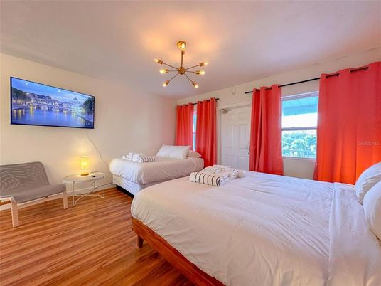 Bedroom, Interior, Pendant Lights, Wood Texture Flooring