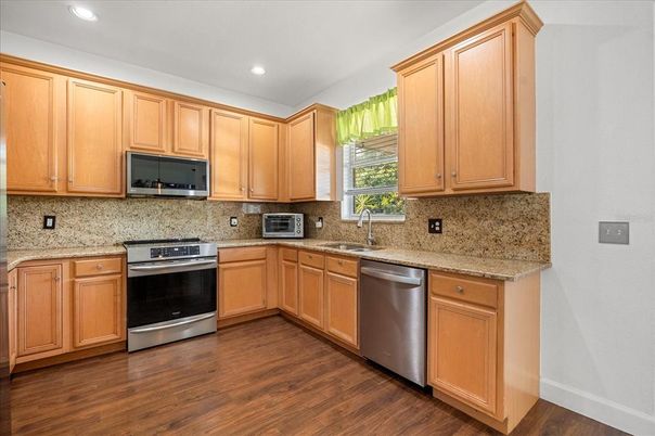 Interior, Kitchen, Recessed Lighting, Stainless Steel Appliances, Wood Texture Flooring