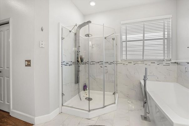 Bathroom, Glass Shower, Interior, Marble, Marble Walls, Recessed Lighting