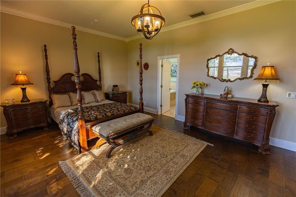 Bedroom, Chandelier, Interior, Wood Texture Flooring