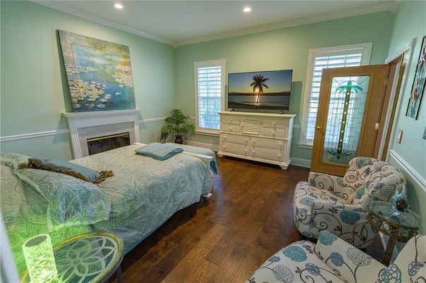 Bedroom, Fireplace, Interior, Recessed Lighting, Wood Texture Flooring