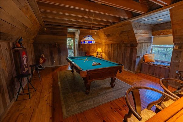 Billiard Table, Game Room, Interior, Pendant Lights, Wooden Beams, Wooden Ceilings, Wood Texture Flooring, Wooden Walls