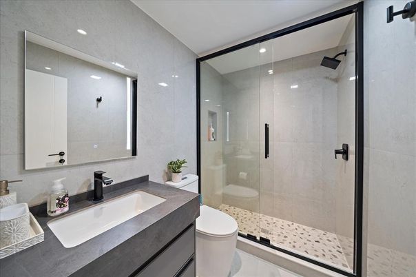 Bathroom, Glass Shower, Interior, Recessed Lighting