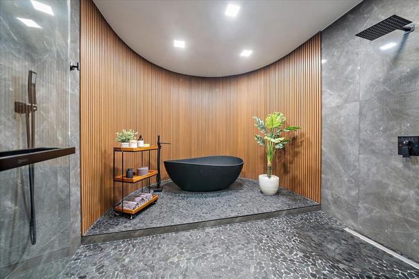 Bathroom, Free Standing Baths, Glass Shower, Interior, Recessed Lighting