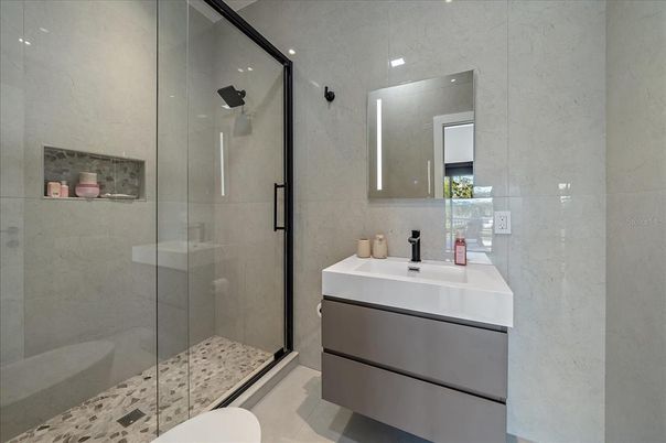 Bathroom, Glass Shower, Interior, Recessed Lighting