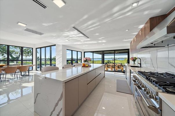 Dining room, Interior, Kitchen, Marble Walls, Recessed Lighting, Stainless Steel Appliances