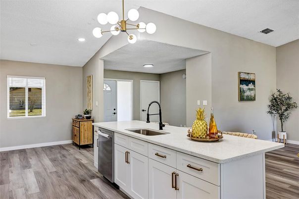 Interior, Kitchen, Pendant Lights, Recessed Lighting, Wood Texture Flooring