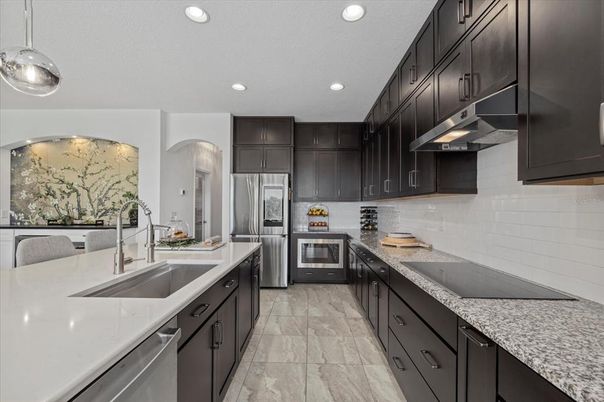 Interior, Kitchen, Marble, Pendant Lights, Recessed Lighting, Stainless Steel Appliances