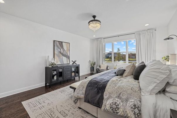 Bedroom, Chandelier, Interior, Recessed Lighting, Wood Texture Flooring