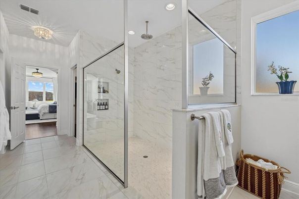 Bathroom, Bedroom, Glass Shower, Interior, Marble, Marble Walls, Recessed Lighting, Wood Texture Flooring
