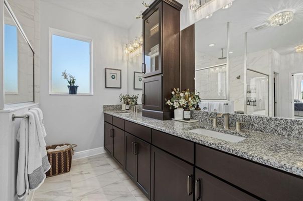 Bathroom, Dual Sink Vanities, Glass Shower, Interior, Marble, Recessed Lighting