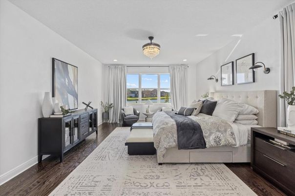 Bedroom, Chandelier, Interior, Recessed Lighting, Wood Texture Flooring