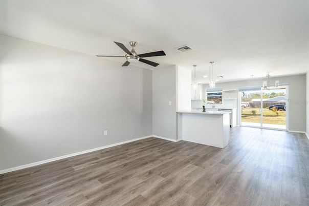 Empty room, Interior, Kitchen, Pendant Lights, Recessed Lighting, Wood Texture Flooring
