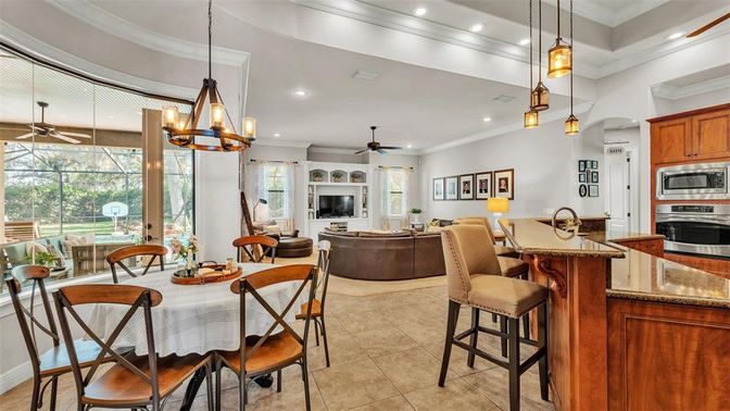 Dining room, Interior, Kitchen, Living room, Pendant Lights, Recessed Lighting, Stainless Steel Appliances