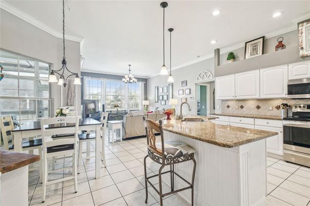 Chandelier, Dining room, Interior, Kitchen, Living room, Pendant Lights, Recessed Lighting, Stainless Steel Appliances