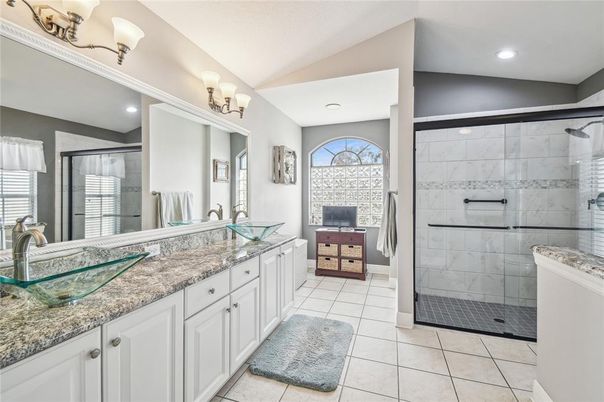 Bathroom, Dual Sink Vanities, Glass Shower, Interior, Recessed Lighting