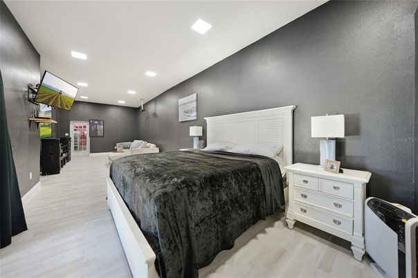 Bedroom, Interior, Recessed Lighting, Wood Texture Flooring