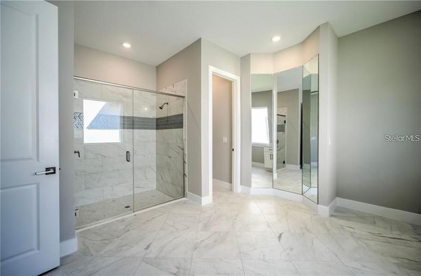 Bathroom, Glass Shower, Interior, Marble, Marble Walls, Recessed Lighting