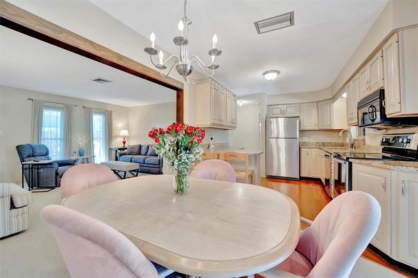 Chandelier, Dining room, Interior, Kitchen, Living room, Stainless Steel Appliances, Wood Texture Flooring