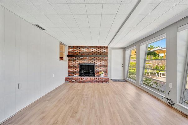 Empty room, Fireplace, Interior, Stone Walls, Wood Texture Flooring