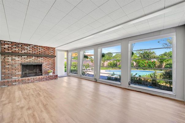 Empty room, Fireplace, Interior, Stone Walls, Wood Texture Flooring