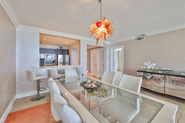 Chandelier, Dining room, Interior, Kitchen, Pendant Lights, Recessed Lighting, Stainless Steel Appliances