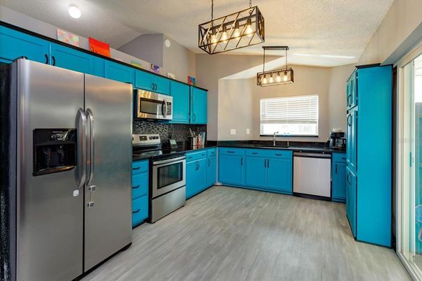 Interior, Kitchen, Pendant Lights, Stainless Steel Appliances, Wood Texture Flooring